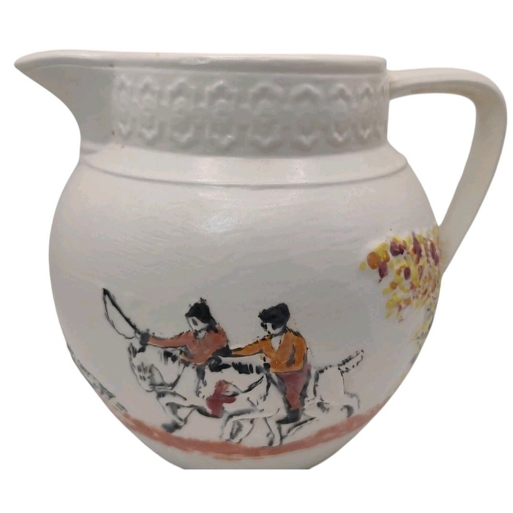 Vintage Arnels Ceramic Pitcher Hunting Horseback Hound Hand Painted Signed 1976